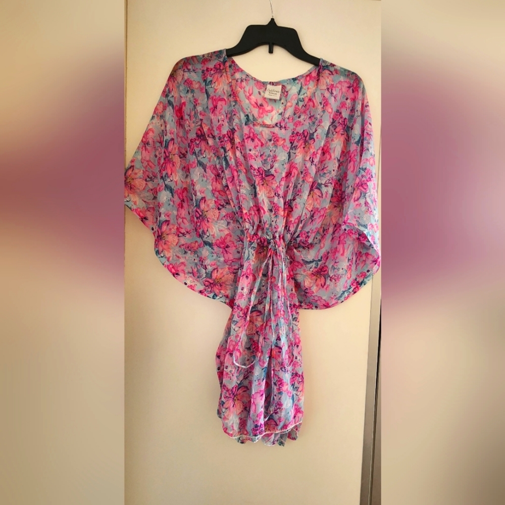 California Woman purple floral drawstring sheer dress 🩷